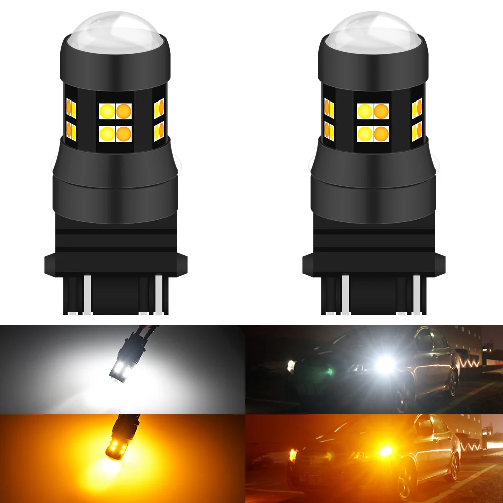 2Pcs T25 3157 P27/7W LED Dual Color With Canbus Cooling Fan DRL Parking Light Turn Signal Lamp Orange White Switchback