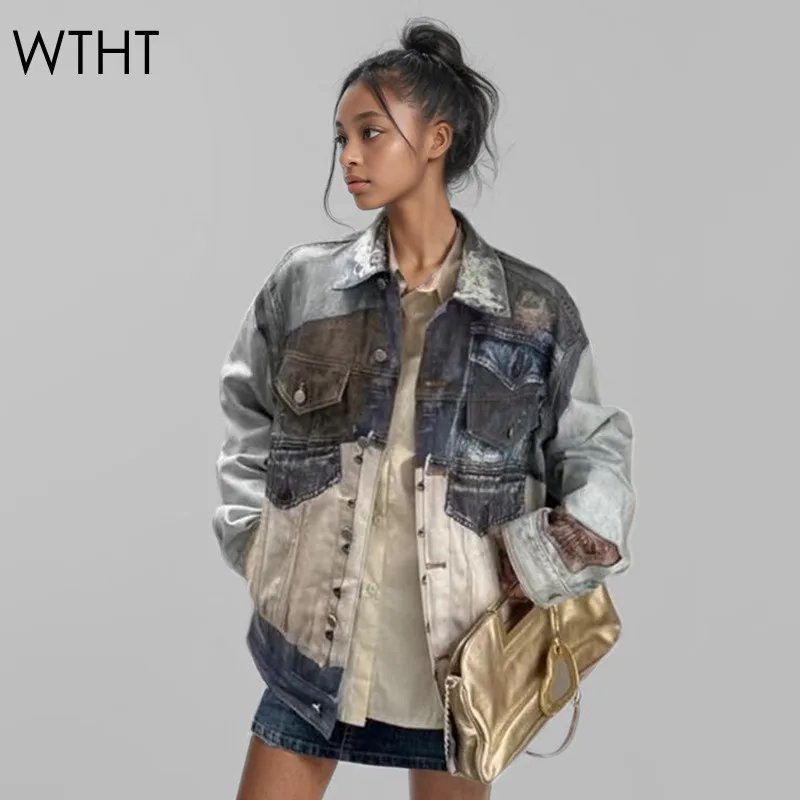 WTHT-Manteau Vintage en Denim à Manches sulfpour Femme, Imprimé Vieux Document de Contrôle, lèvent, Mode Automne 2024, 1LS167