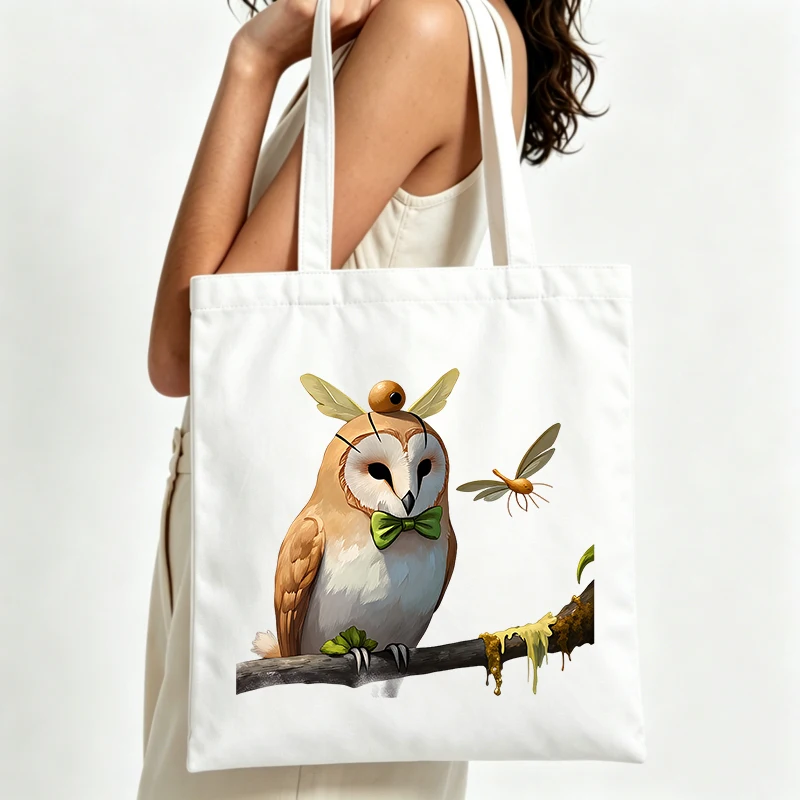 owl and dragonfly graphic canvas tote bag, casual style for daily shopping and outdoor outings