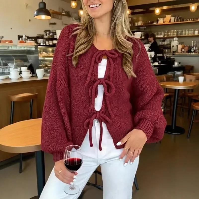

Европейский и американский осенне-зимний новый однотонный повседневный вязаный кардиган на шнуровке с круглым вырезом, простой свитер
