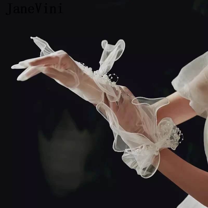 Janevini 2024ถุงมือประดับมุกแบบใหม่สำหรับเจ้าสาว, ถุงมือเจ้าสาวสีขาวผ้าตาข่ายบางถุงมือเจ้าสาวอุปกรณ์เสริมงานปาร์ตี้ mariage Femme