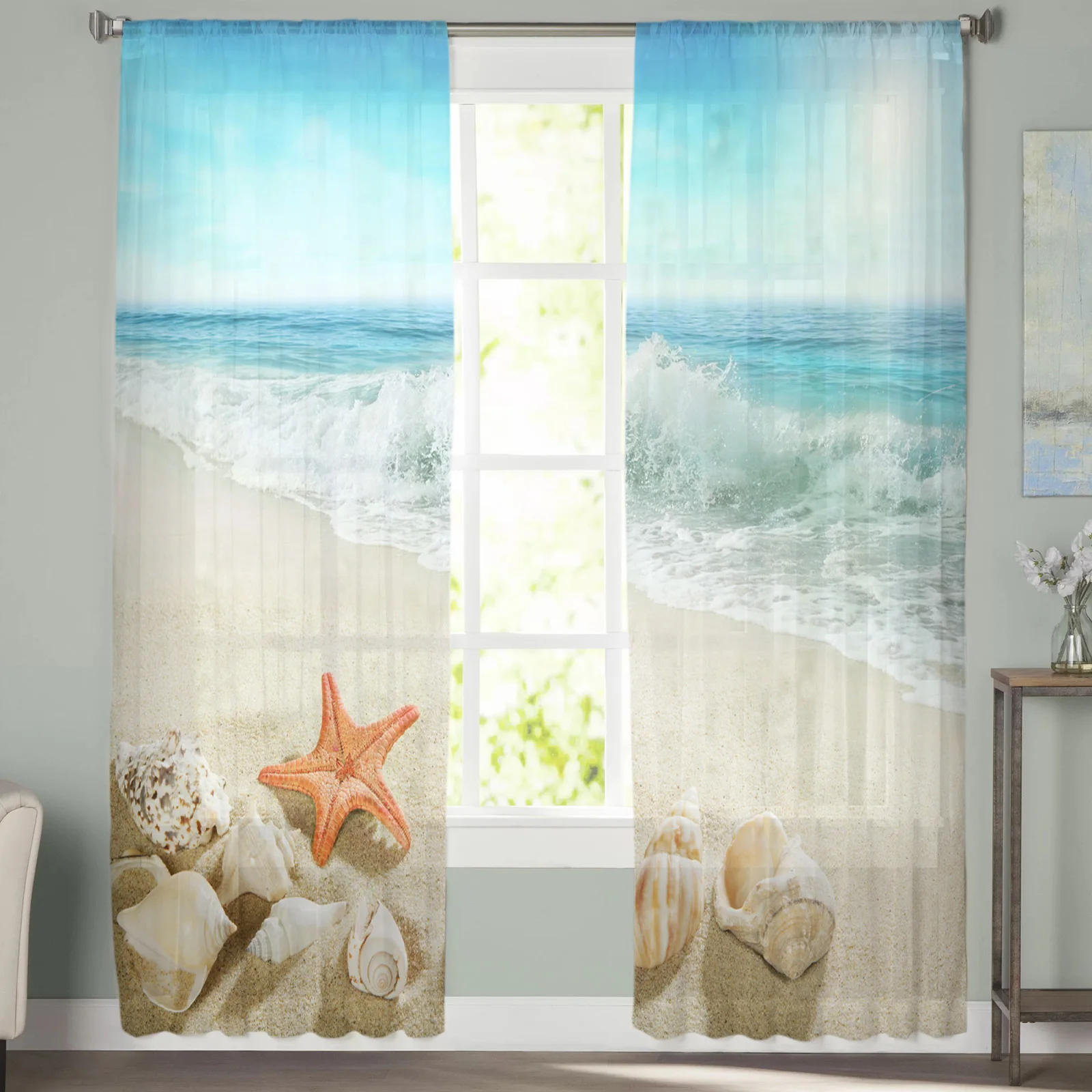 Sea Beach Starfish Shell Sea Waves Natural Scenery Tulle Curtains for Living Room Chiffon Voile Sheer Window Curtain for Bedroom