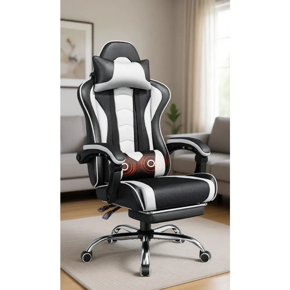 Massage Back Pillow Game Chair with Foot Stool - Foam PU Leather Seat Headrest Adjustable Sliding Foot Stool 300 lbs