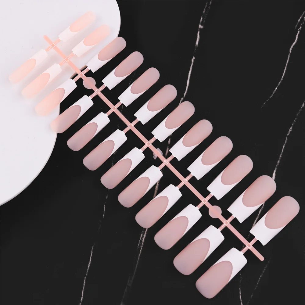 24 Pcs French Tips Press On Nails Medium Long Coffin Square Black White Matte Gloss Full Cover Finger Fake Nail Daily Use