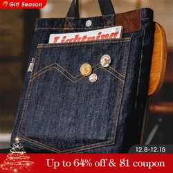 Maden Retro Denim Tote Bag for Men and Women One-shoulder Crossbody Bag Lightning Bear Embroidery Decoration Large Capacity Bag