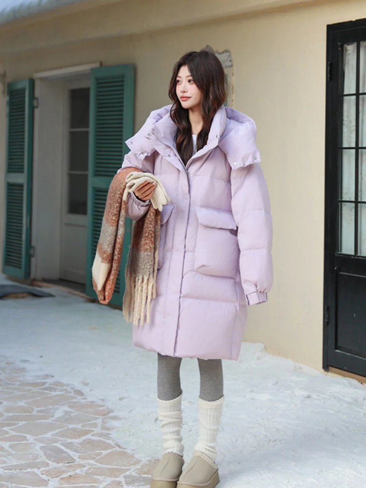 Piumino invernale di media lunghezza con cappuccio solido da donna Piumino d'anatra bianco con cerniera Tasca grande Parker Outwear Giacca allentata calda spessa femminile