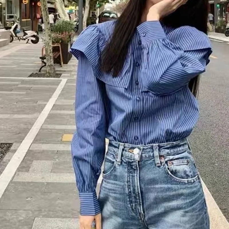 

Spring And Autumn New Stand Collar Striped Office Lady Long Sleeve Ruffles Women's Wear High Quality Single Breasted Shirt