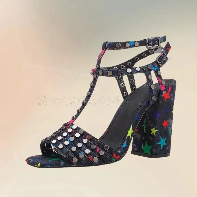 

Rivets Decor Colorful Star Pattern Sandals Ankle Buckle Strap Women Shoes Chunky High Heels Open Toe 2025 Zapatos Para Mujere