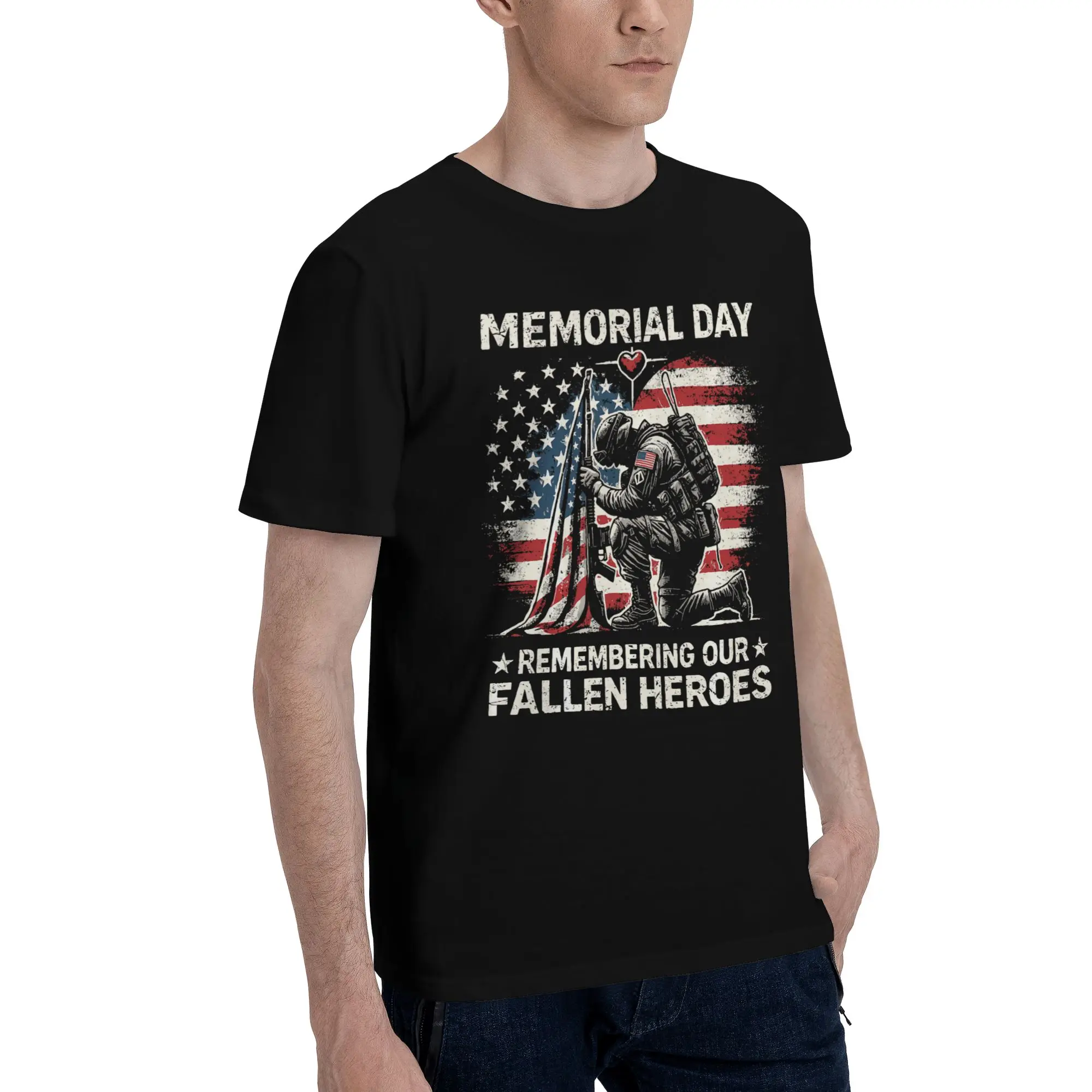 Memorial Day Fallen Heroes Patriotic Flag Design Funny 100% Cotton T-Shirt Memorial Day Tops Tees For Men
