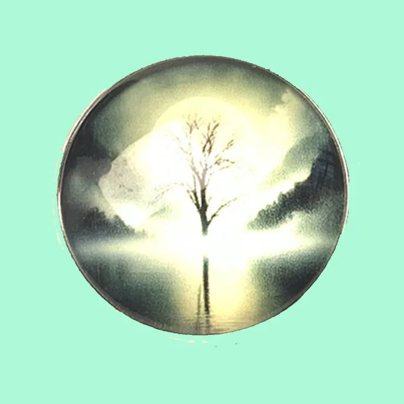 Glass Round Impressionist Brooch Misty Lone Tree Lake Reflection Alloy Badge Serene Fog Scenery Ornament Denim Coat Jewelry Gift
