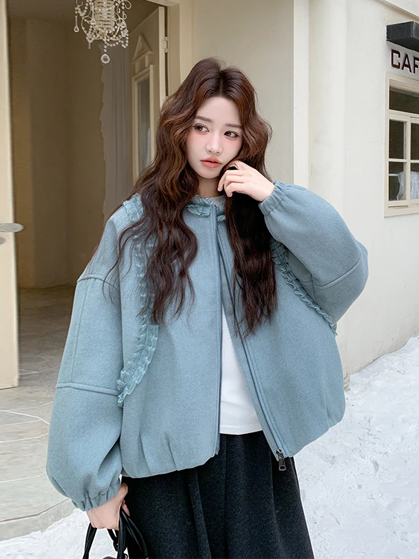 

Синяя женская пуховая куртка с оборками, теплая зимняя верхняя одежда, стильный дизайн, экологичные материалы, стандартная длина рукавов