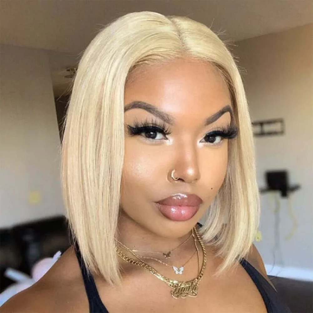 

16 Inch Blonde Short Straight Bob 613 Wig Human Hair Pre Plucked Pre Cut 7x5 Blonde Lace Wig 200% Density For Women