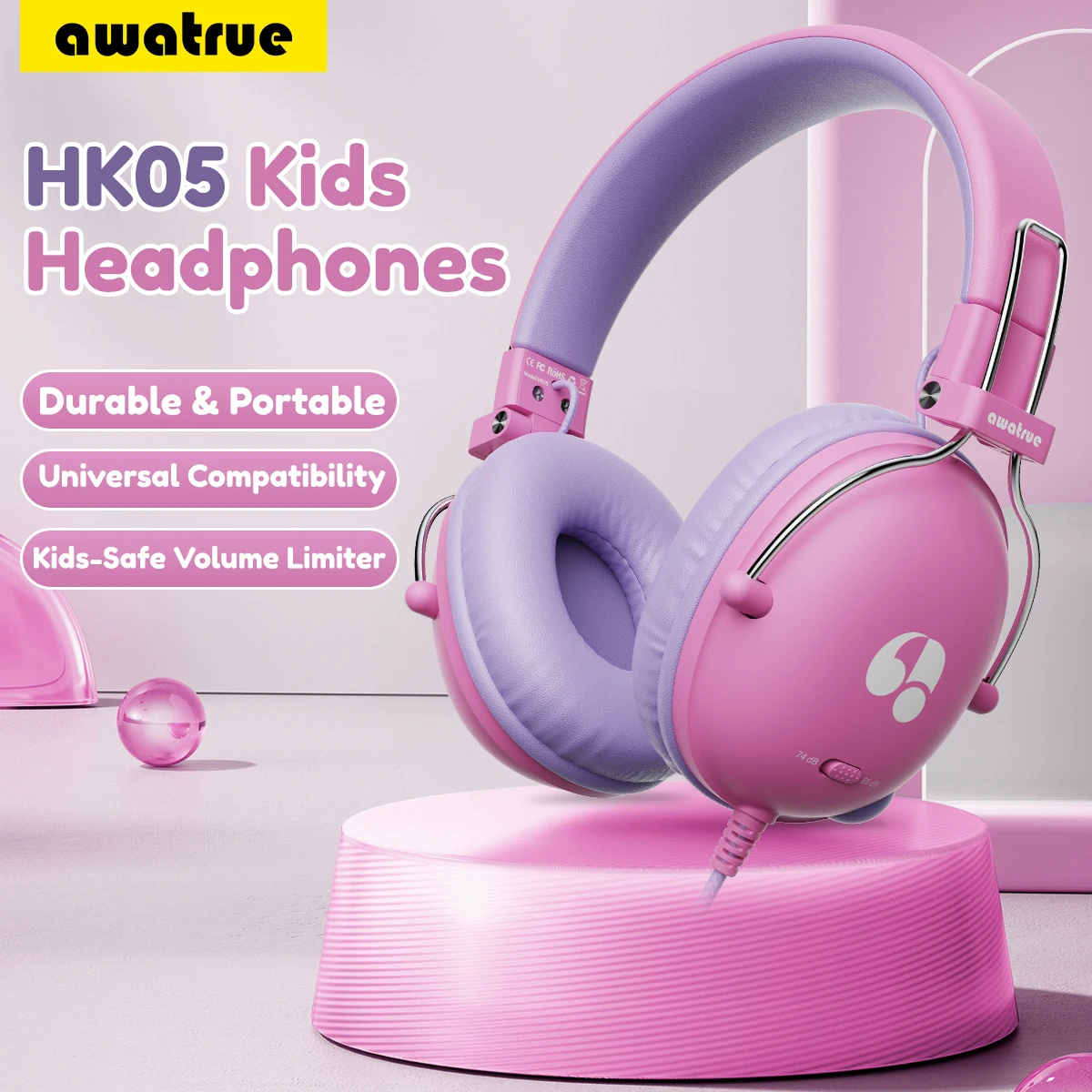 Awatrue Kids Headphones 74/85dB Safe Volume Limit Stereo Wired On-Ear Headsets 3.5mm Jack for IPad Tablet Kindle YOTO Player