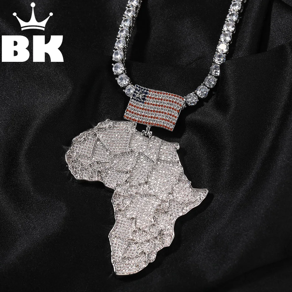 

THE BLING KING Большое ожерелье с подвеской в форме карты Африки с американским флагом, залог, полный ледяной цирконий, рок, хип-хоп, ювелирные изделия