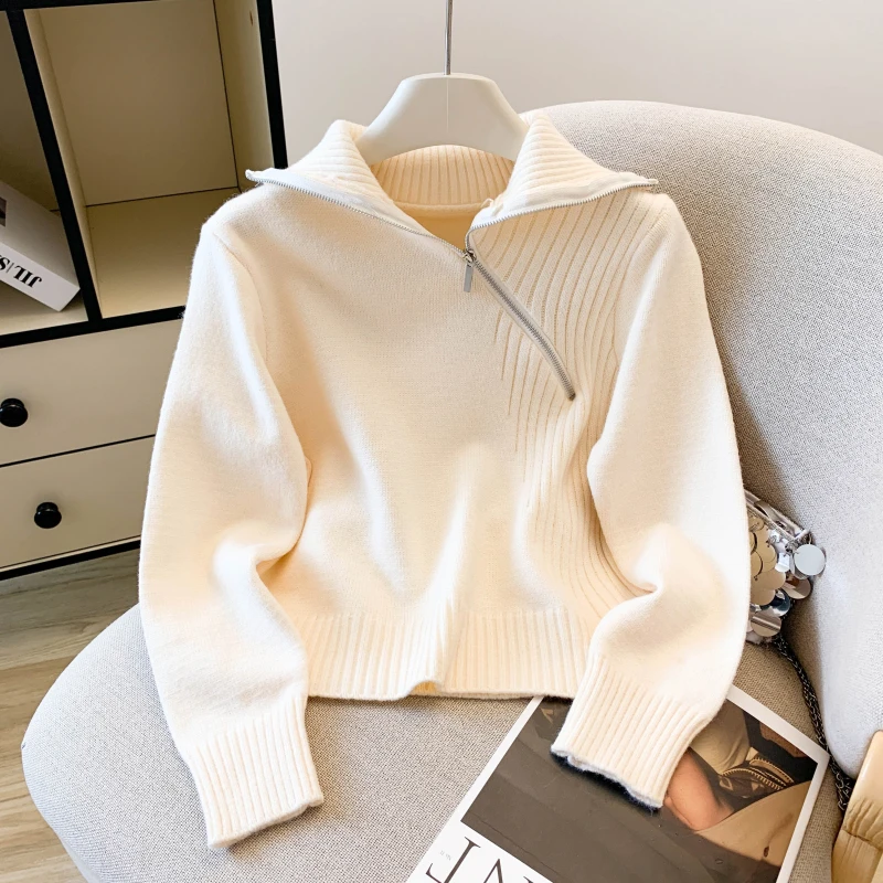 

Модный дизайн с диагональной молнией, короткий вязаный пуловер, свитер, топы, абрикосовый, серый, черный, с высоким воротником и длинными рукавами, женский трикотаж