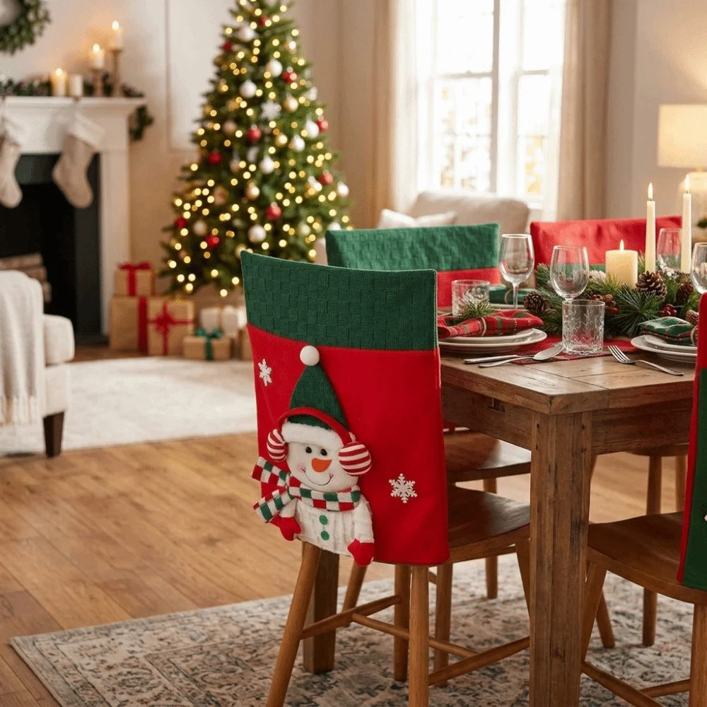Snowman Christmas Chair Cover Santa Elk Xmas Dinner Chair Seat Cover Easy Application Armchair Cover