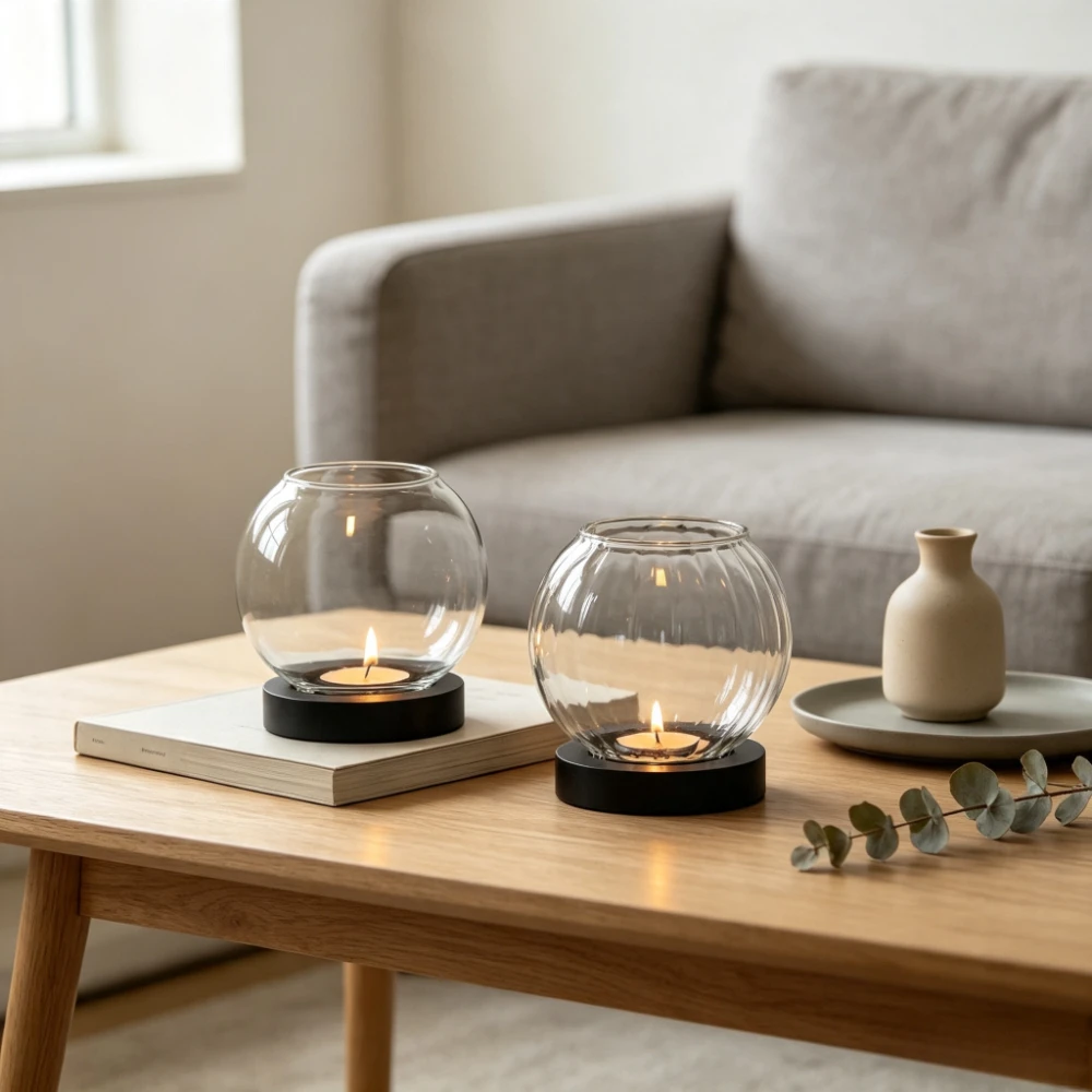 Minimalist Clear Glass Candle Holder Round Bubble Shape Tealight Stand with Wood Base Nordic Style Home Table Centerpiece Decor