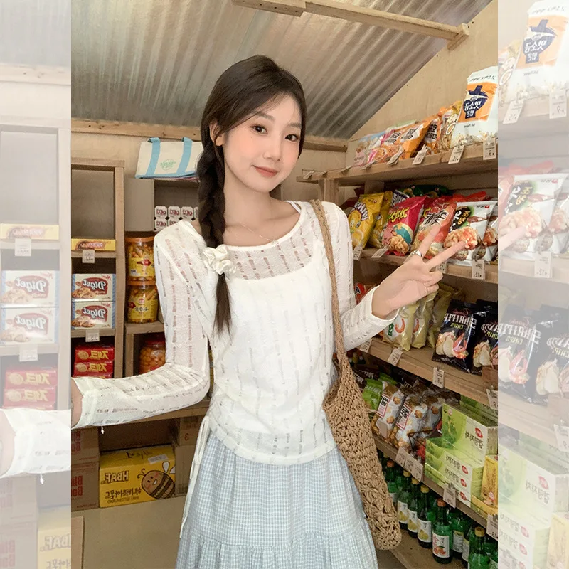 Top da donna primavera estate in stile coreano con scollo rotondo e maniche lunghe, alla moda, elegante e versatile per l'uso quotidiano