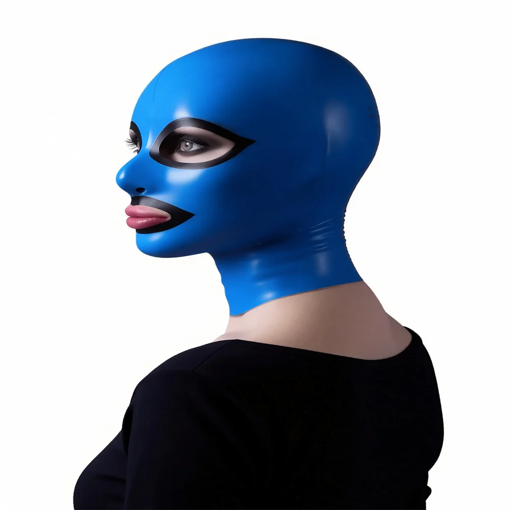 

Open Face Blue Latex Hood Black Accents Pink Lip Detail Handmade Rubber Cosplay Mask Accessory