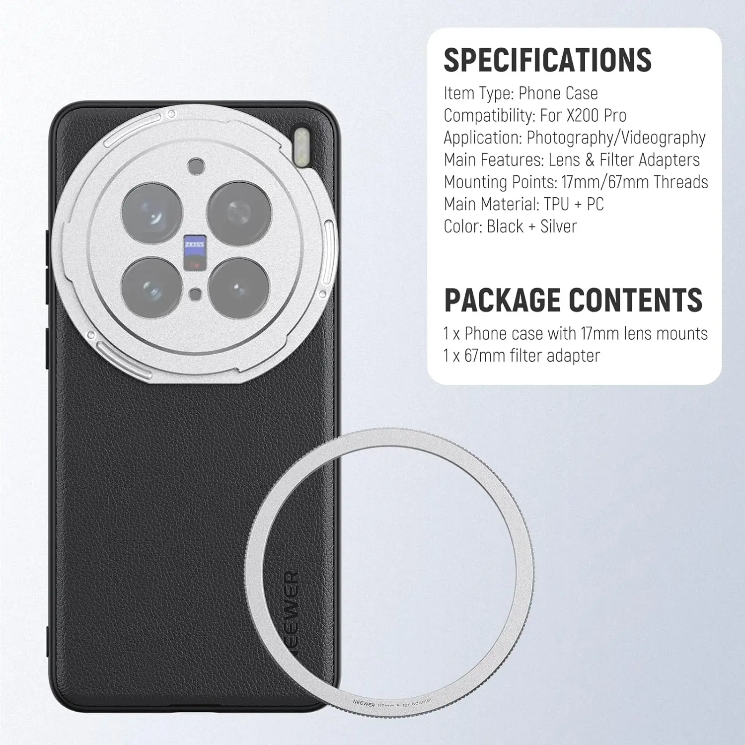 NEEWER Schutzhülle für VIVO X200 Pro/ULTRA/X100 ULTRA, robustes TPU + PC-Kunstleder mit 17-mm-Objektivhalterungen – Detail 8