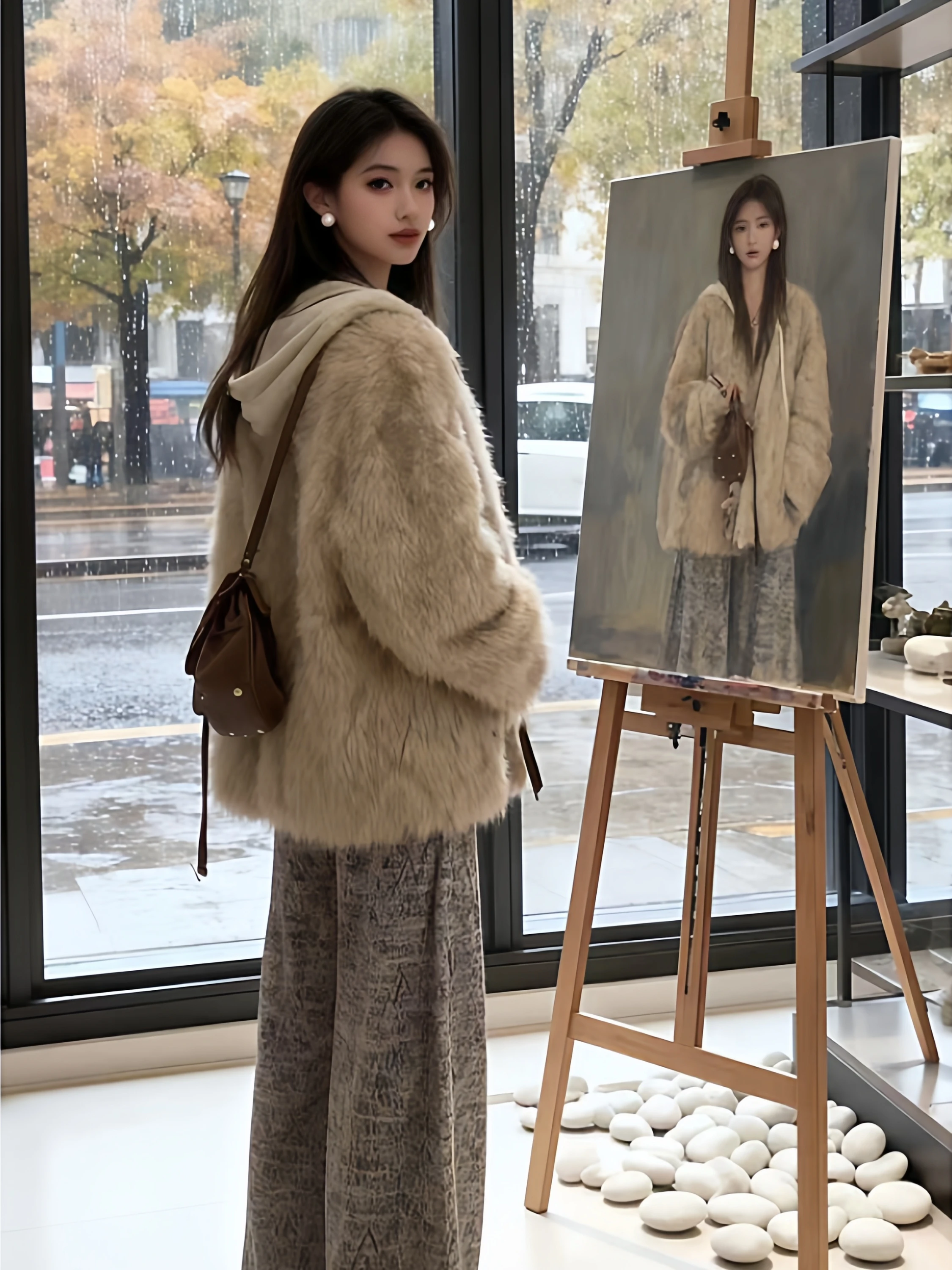 

Комплект из двух предметов: женское меховое пальто больших размеров и брюки с широкими штанинами. Уникальный повседневный теплый красивый модный зимний наряд с высокой талией.