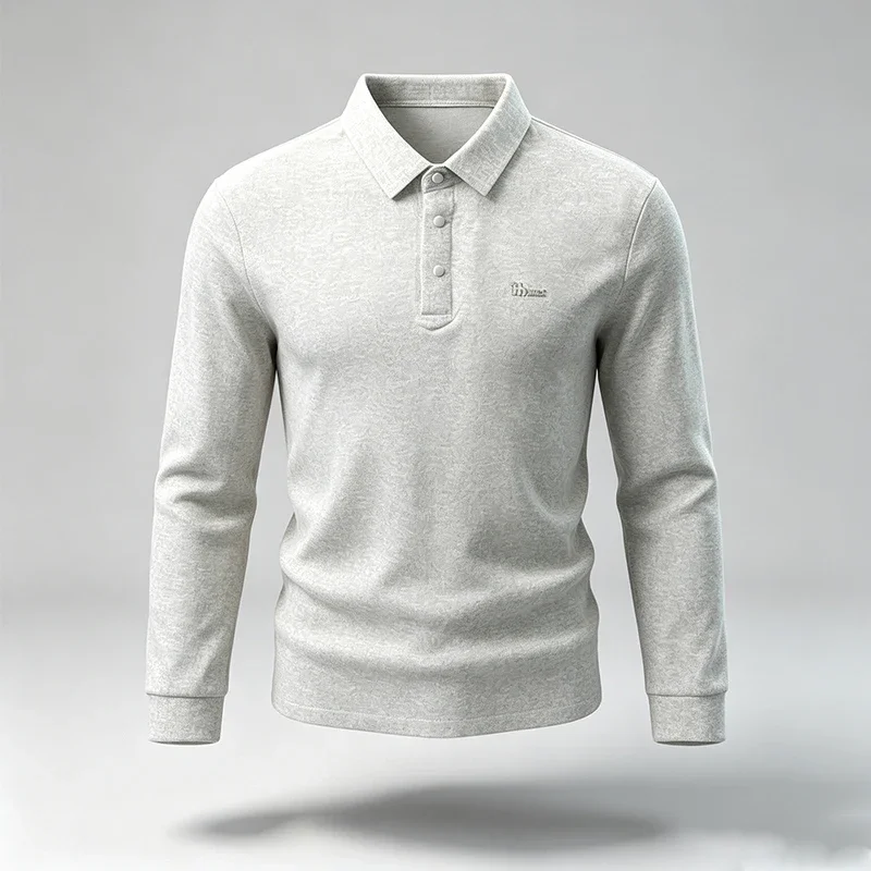 Men Long Sleeve Polo Shirt Turn Down Collar Button Placket Soft Heather Fabric Slim Fit Business Casual Male Daily Tops