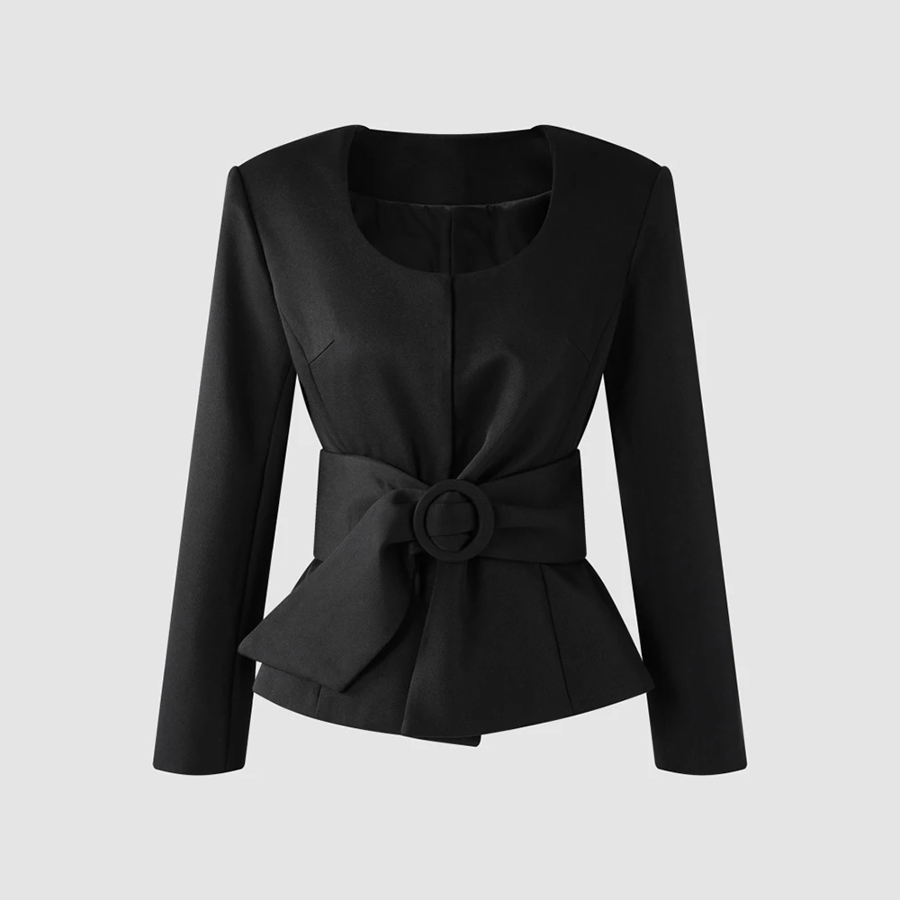 Women Wool Blend Jacket Round Neck Long Sleeve Peplum Blazer With Wide Belt Slim Elegant Office Lady Cropped Formal Outerwear