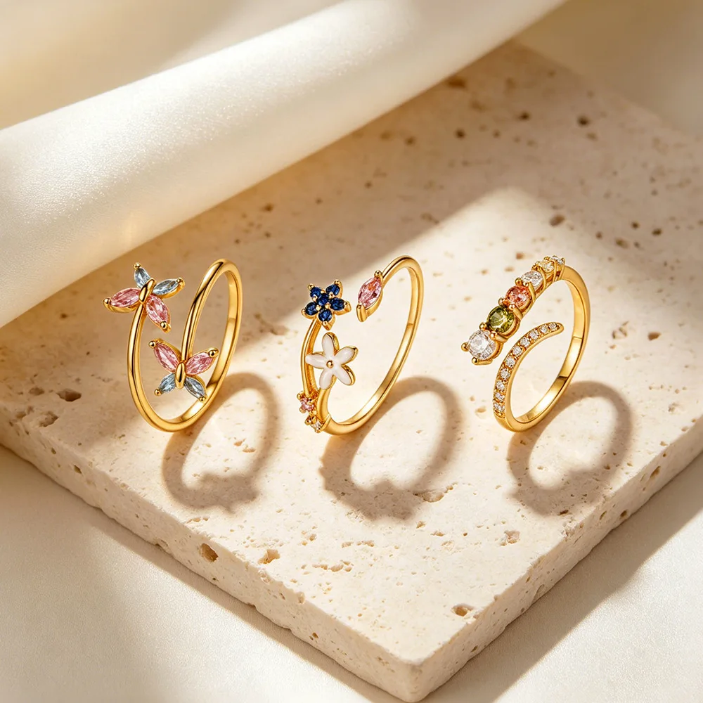 925 Sterling Silver Colorful Cubic Zirconia Butterfly Leaf Floral Stackable Finger Ring for Women Dainty Fine Jewelry Gift