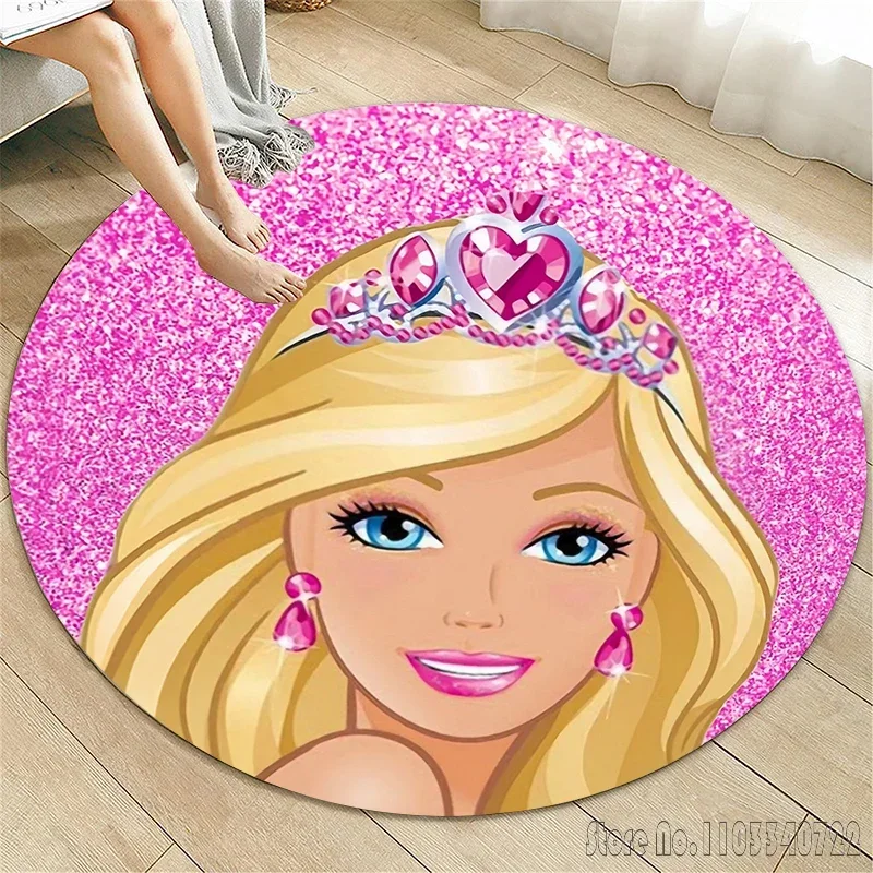 

Cute Barbie HD Printed Cartoon Round Carpet 120cm Crawling Game Non-slip Floor Mat for Kids Rug Living Room Decor