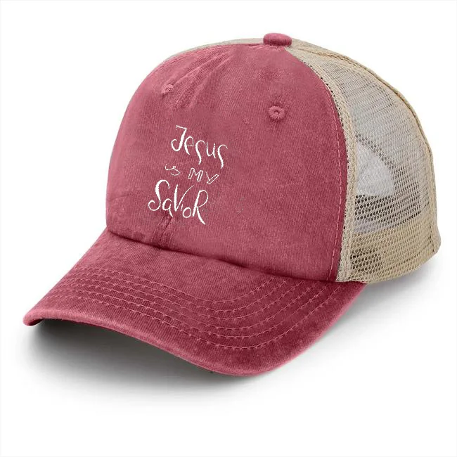 Jesus is My Savior Printed Grid Baseball Hat Adjustable, Men and Women, Sports Travel Camping Vacation Gift, Wine Red