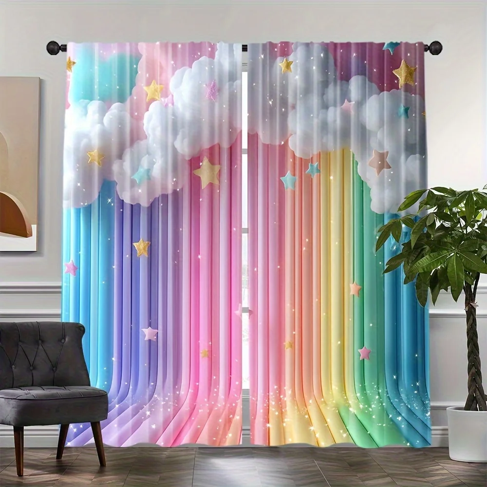 Regenbogen-Wolken Verdunkelungsvorhänge für Kinderzimmer - Bunte Sterne und Flauschige Wolken Fenstervorhänge für Mädchen Schlafzimmer Kinderzimmer Deko