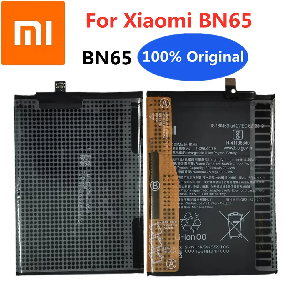 

Xiao Mi 100% Original Capacity 6000mAh BN65 Replacement Battery For Xiaomi BN65 Phone Genuine Rechargeable Batteries Batteria