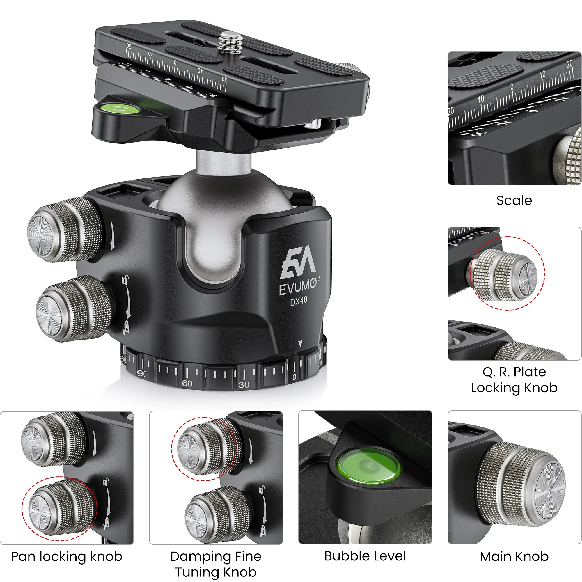 EVUMO DX40 Low Gravity Low Profile Tripod Head 360° Panoramic Ballhead and 20kg Max Load Capacity for Tripod Monopod DSLR Camera