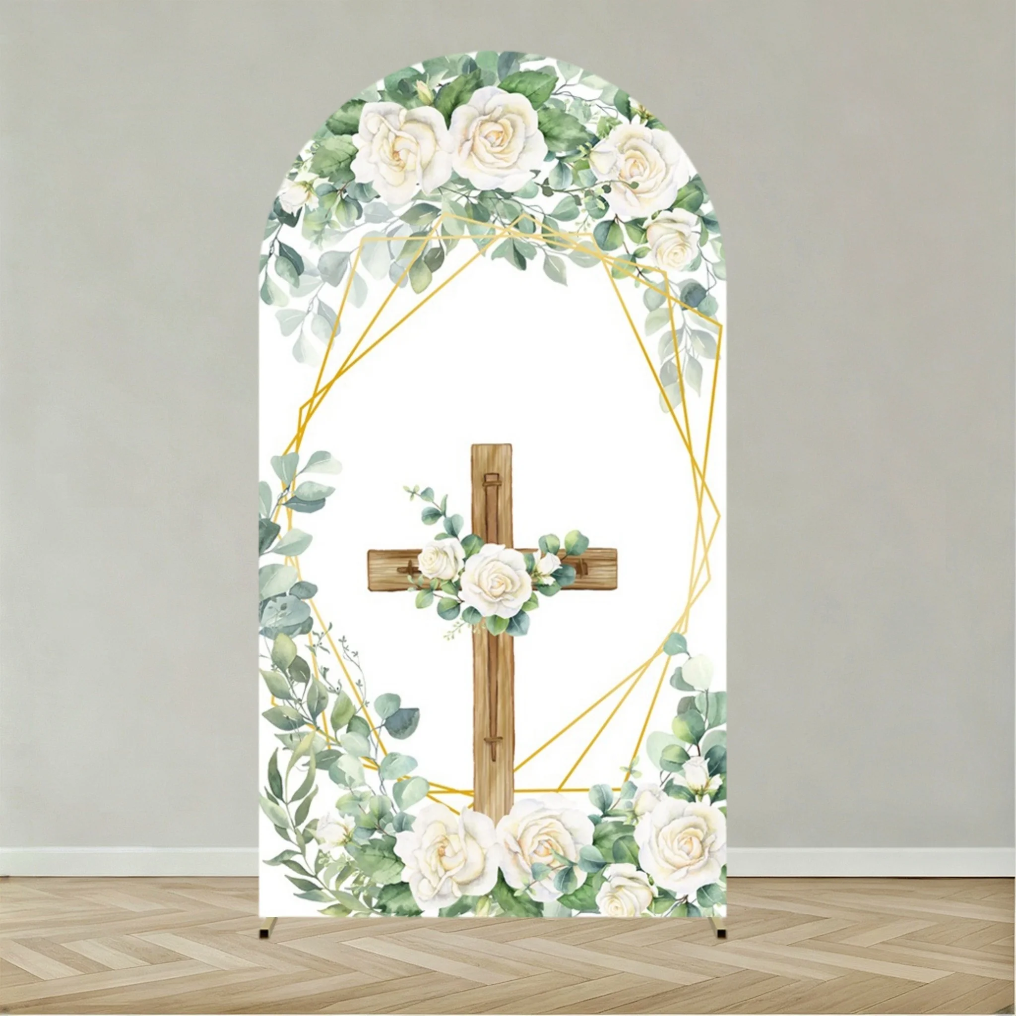 My First Communion Arch Backdrops Cover Flowers God Bless Holy Cross Dove Girl Boy Baptism Baby Shower Decor Arched Background