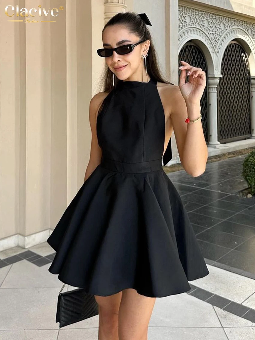 

Clacive Fashion Slim Black Women's Dress 2024 Summer Halter Sleeveless Mini Dresses Elegant High Waist Pleated Female Dress