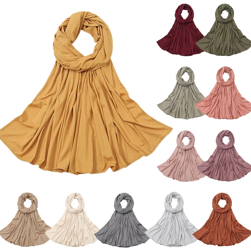 

New Muslim Women Ribbed Jersey Hijab Jacquard Stretchy Pleated Jersey Cotton Hijabs Scarves Jersey Shawls Turban Wrap Headscarf