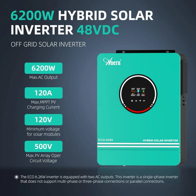 6200W Hybrid Solar Inverter 48V DC to 220-230VAC, Pure Sine Wave Solar Inverter with 120A MPPT Solar Charge Controller, Fit for