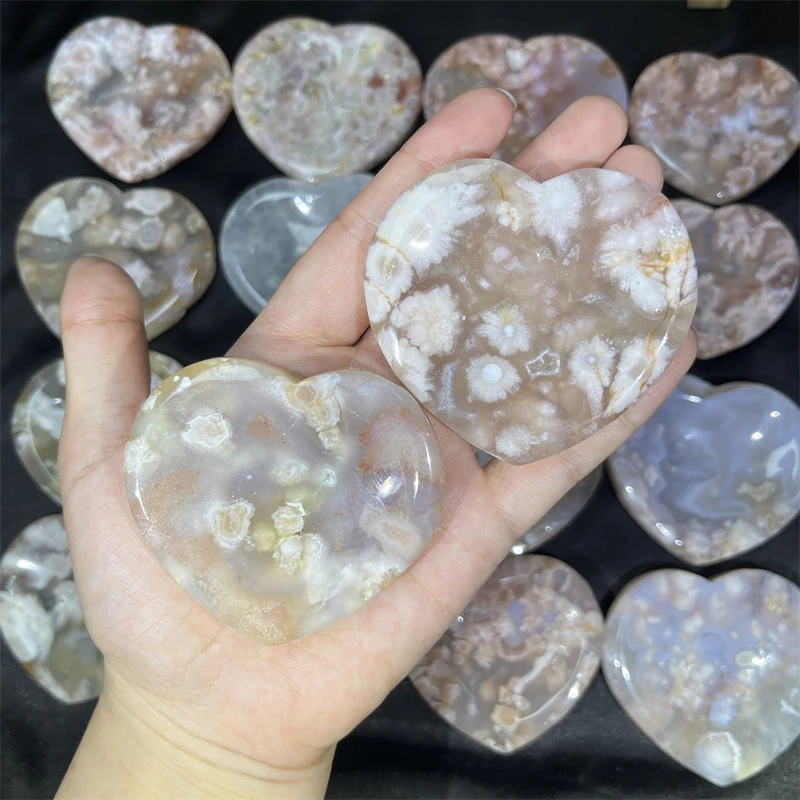 Wholesale Natural Hand Carved Crystal Healing Quartz Flower Agate Heart Shape Bowl For Fengshui