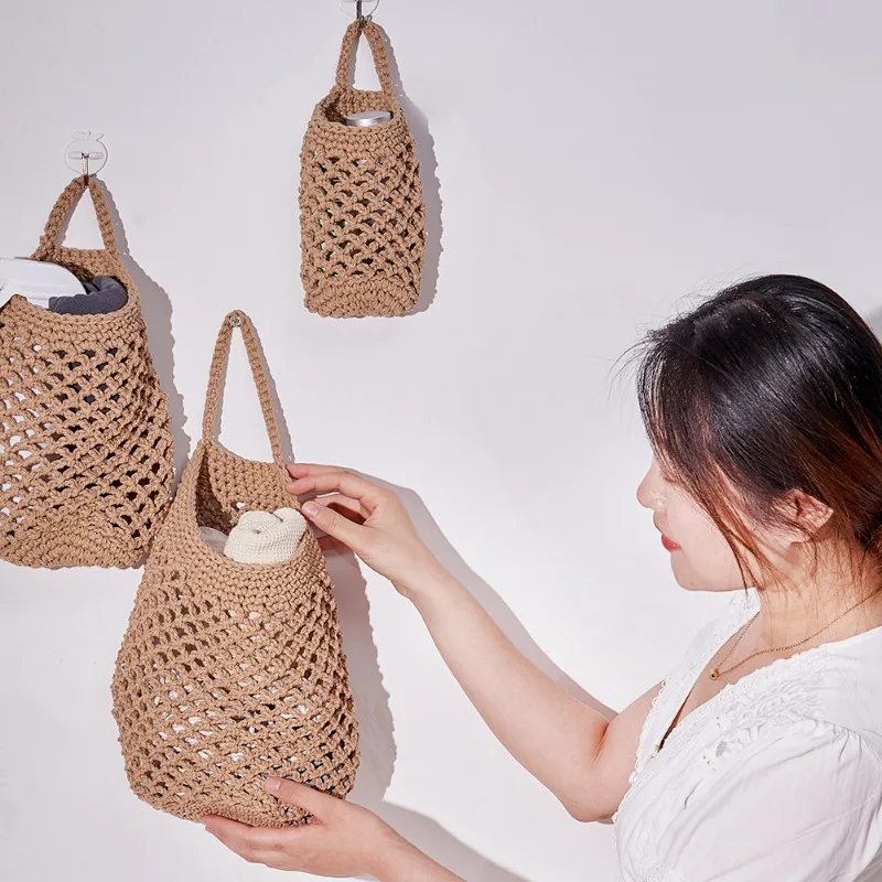 

4 pcs Storage Mesh Bag Large Capacity Wall Hanging Storage Pouch Set Nordic Hand Woven Decorative Walls Brown Green White