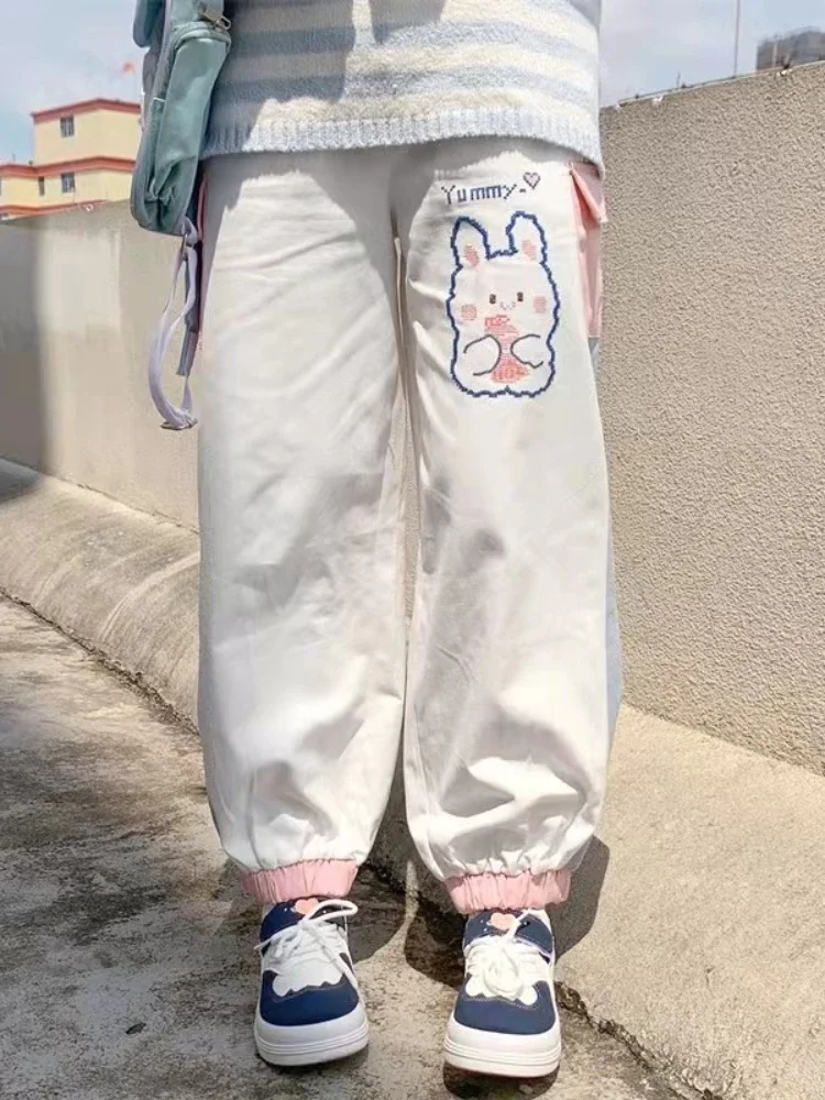 Spring Kawaii Women Cotton Pants Cartoon Rabbit Embroidery Sweet Style High Waist Basic Daily Cute Pocket Girl's Trousers