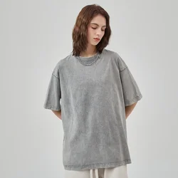 T-shirt Vintage lavata da donna pesante spessa taglie forti magliette Casual estive magliette in cotone girocollo larghe a maniche corte per donna uomo