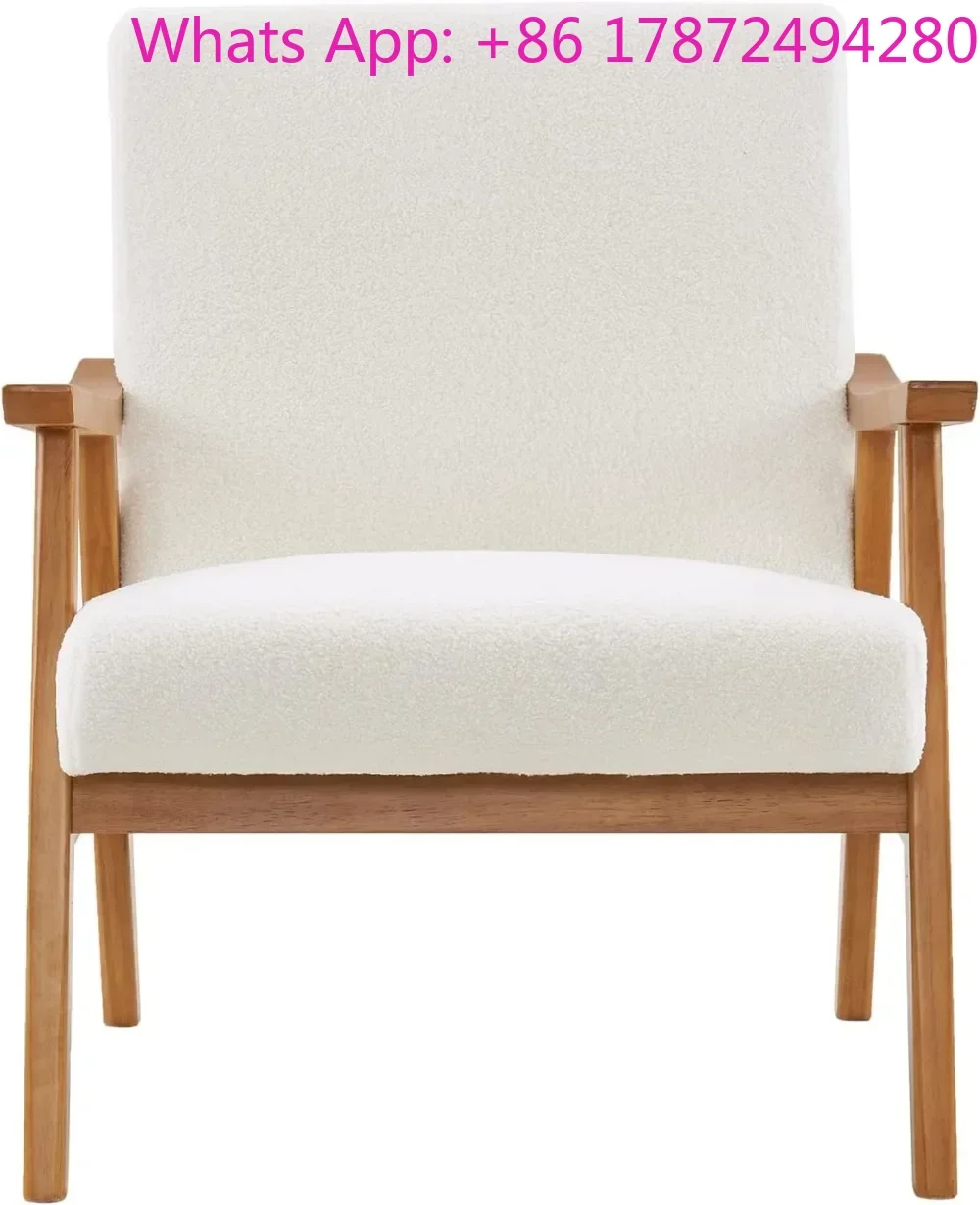 Modern Retro Leisure Chair with Solid Wood Frame Upholstered Teddy Fleece Fabric Single Sofa Armchair