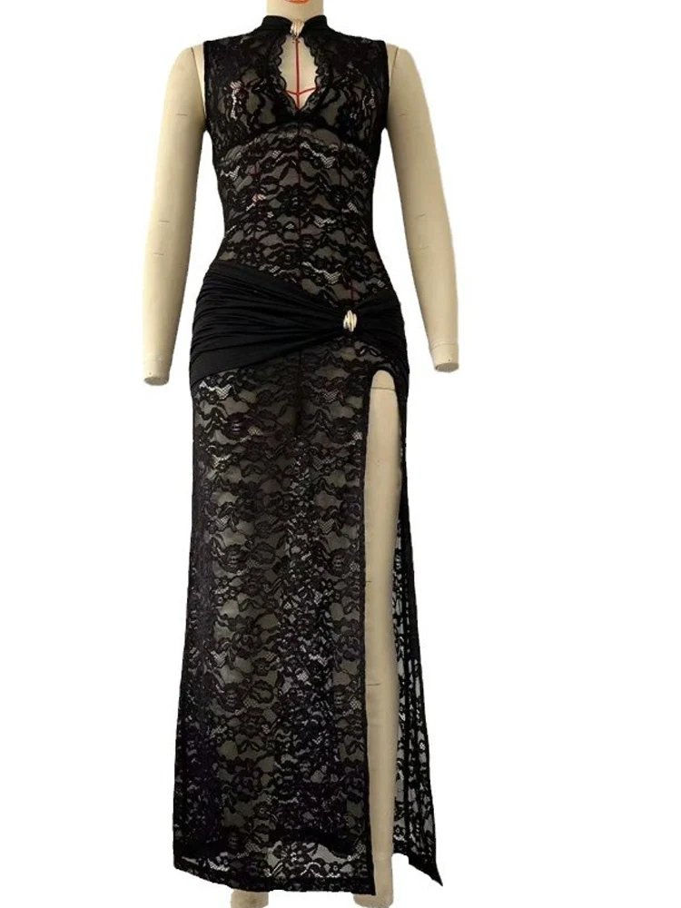 Kricesseen Sexy ​Sheer Black Floral Lace Hollow Out High Slit Maxi Dress Ladies Sleeveless V Neck Night Out Clubwear Bodycon