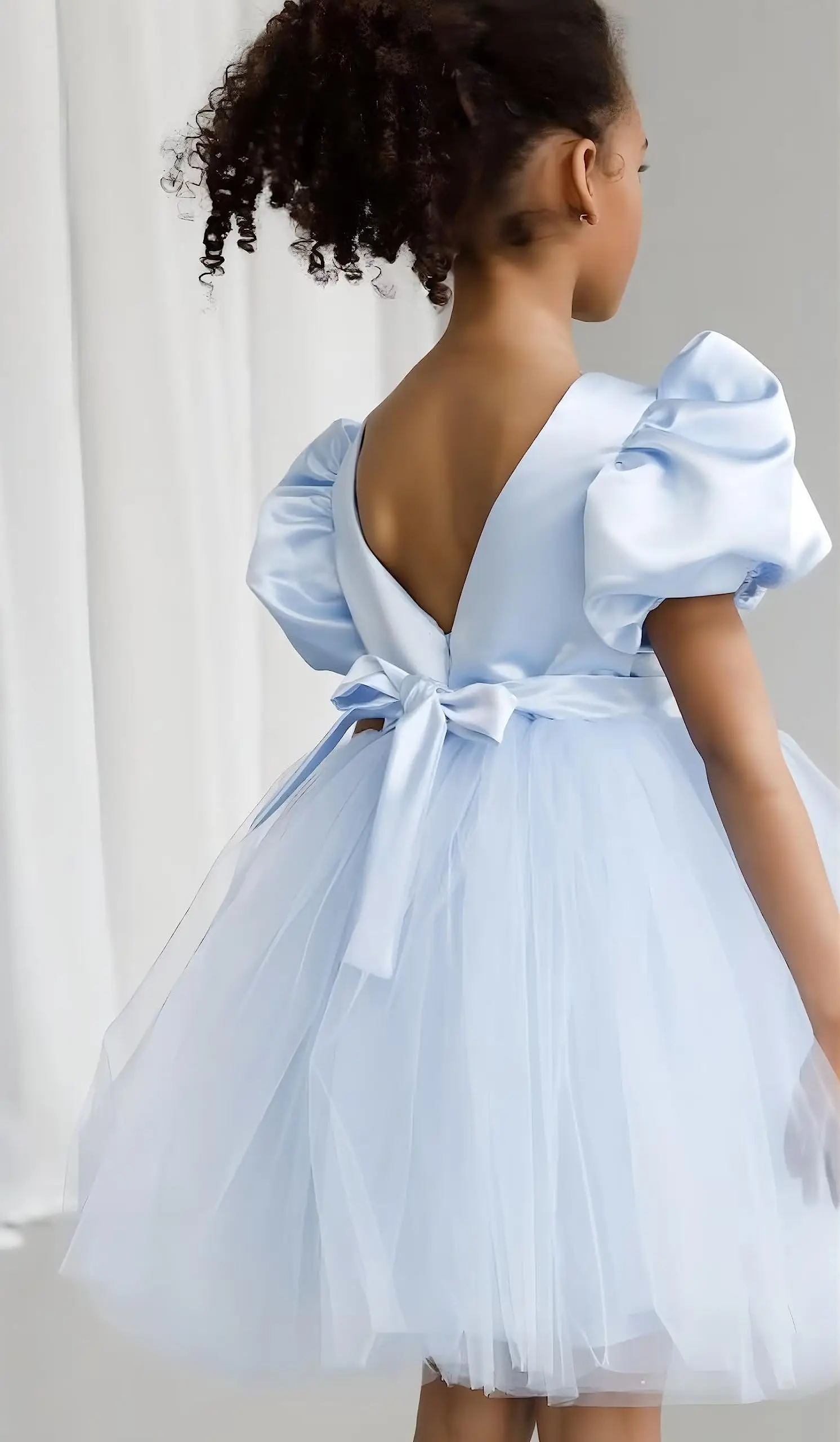 Puff Sleeve Flower Girl Dresses for Wedding Tutu Birthday Party Satin Tulle Pageant Prom Dress with BowKnot Girls Ball Gown