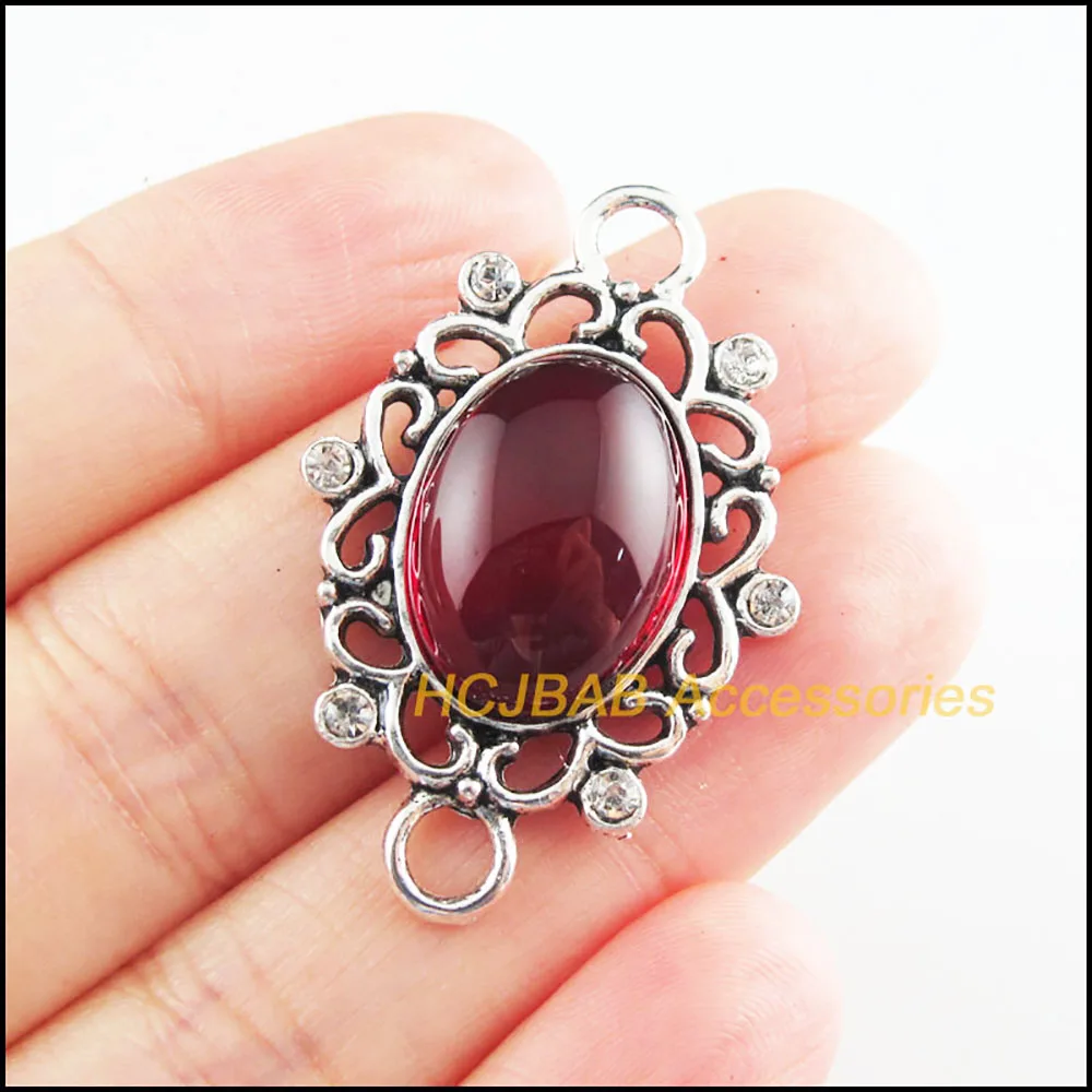 Breloques tibétaines argentées, fleur nar, glaçure rouge, connecteurs 25x38mm, 5 pièces