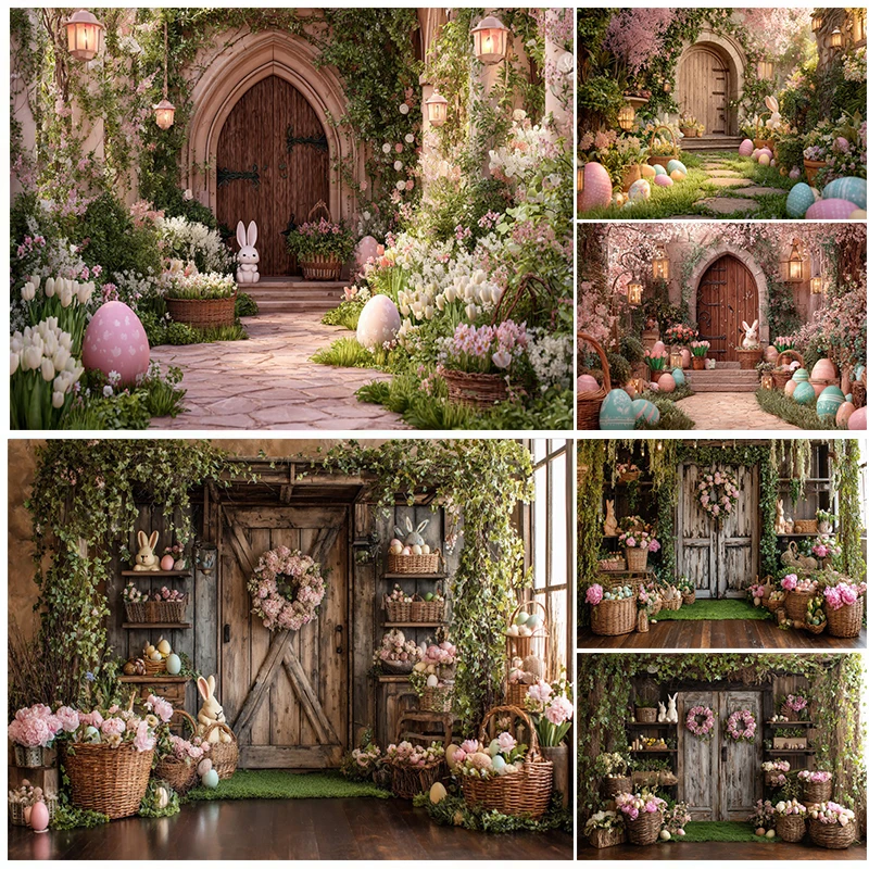 

Easter Rustic Decoration Photography Backdrop Retro Wooden Door Flowers Wreath Rabbit Eggs Kids Adults Portrait Photo Background