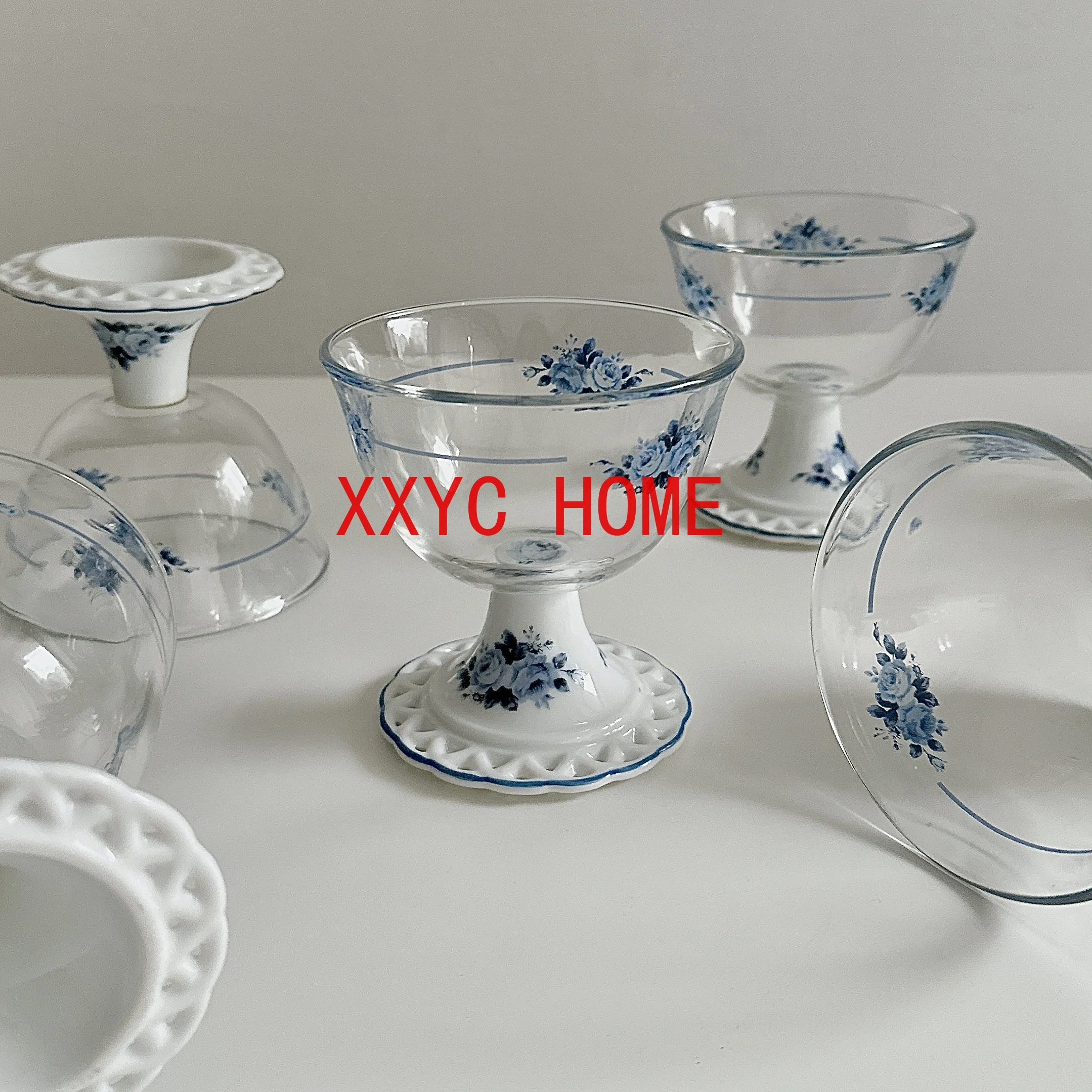 Retro Blue and White Rose Hollow Glass Goblet