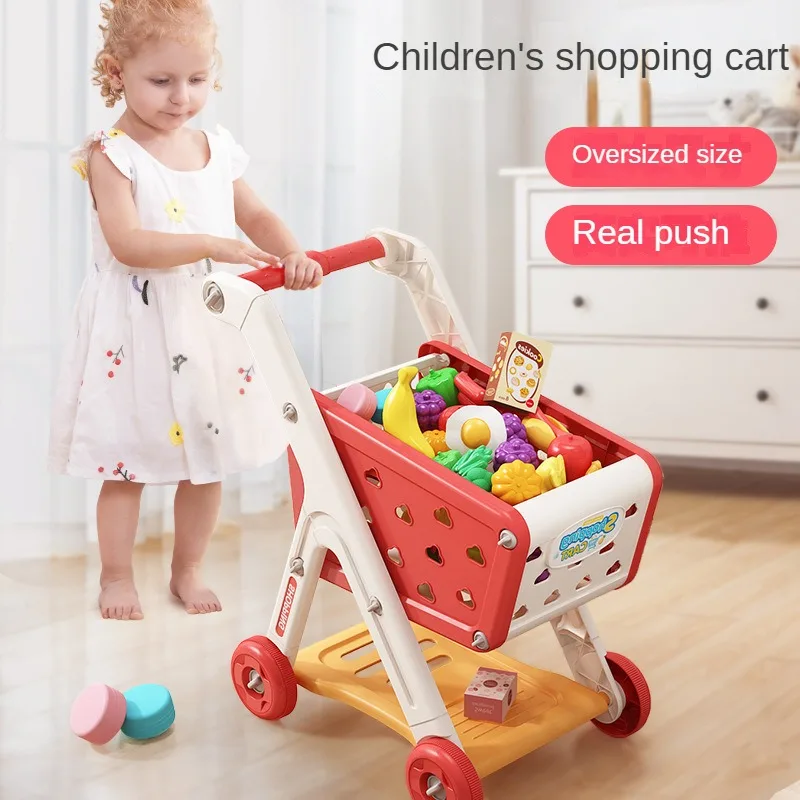 26pcs/set Shopping Cart Toy Baby Small Trolley Children Play House Fruit Cut Music Kitchen Supermarket Men And Girls