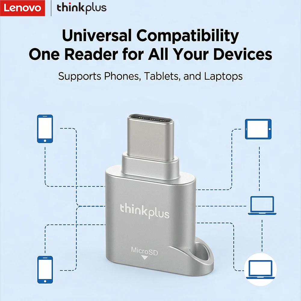 Lenovo Type-C Portable Card Reader, High Speed Data Transfer, Plug & Play, for TF Micro SD Card, Laptop Tablet Phone