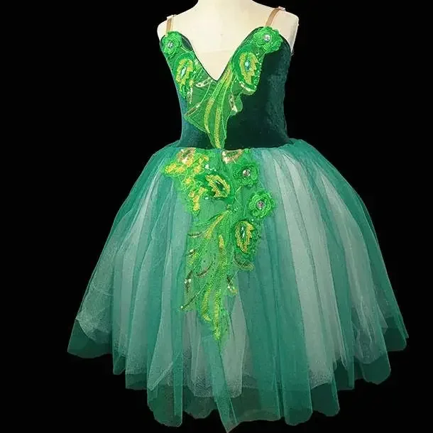 

Girls Ballet Tutu Dress Gymnastics Leotard Velvet Green Long Ballet Dress Girls Ballet Adulto Princess Ballerina Dance Costume
